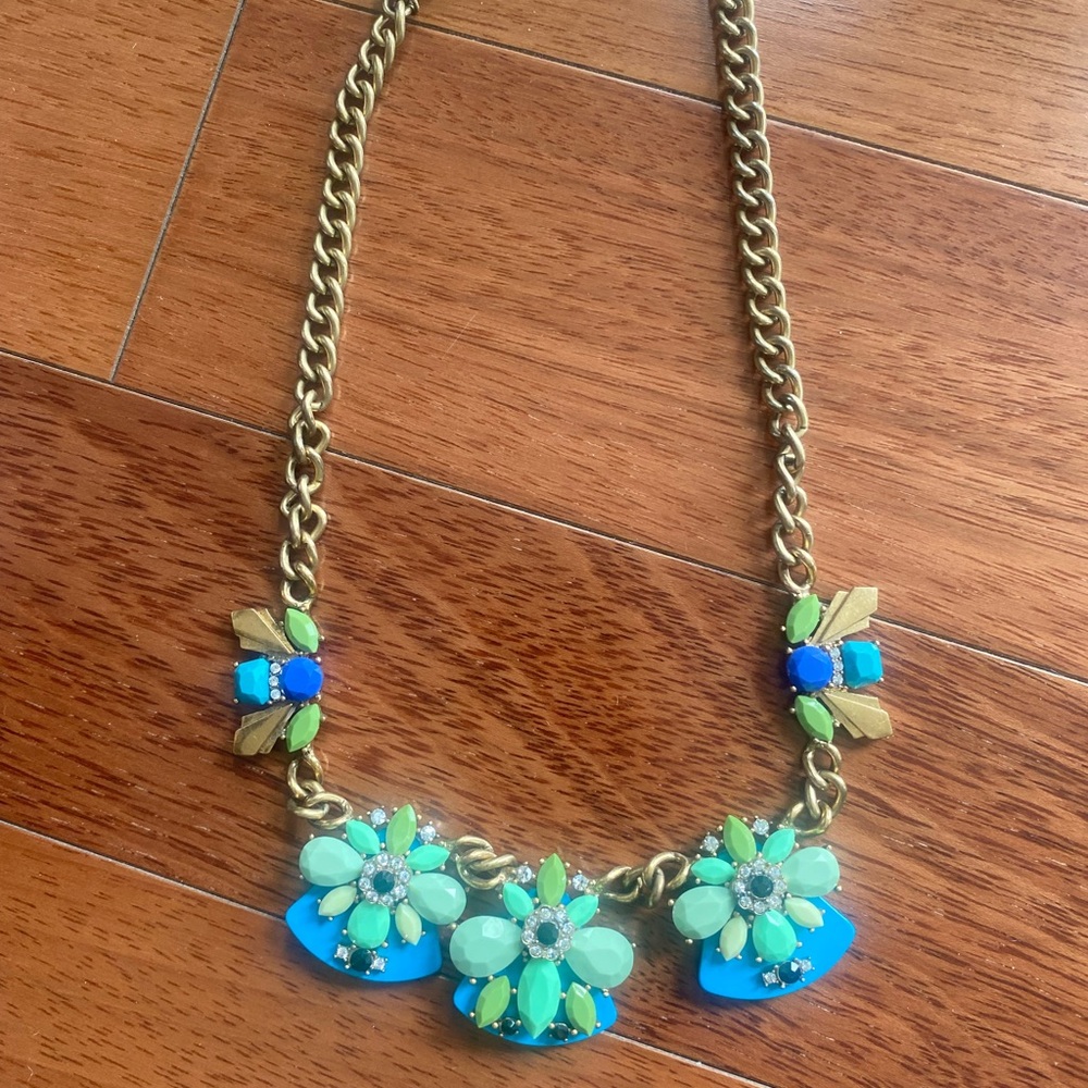 J. Crew Gold Necklace with Blue and Green Floral Accents